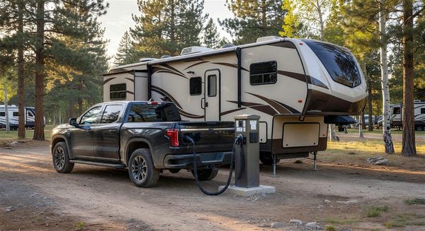 Electric truck plugged into a campground charging pedestal beside a fifth-wheel trailer