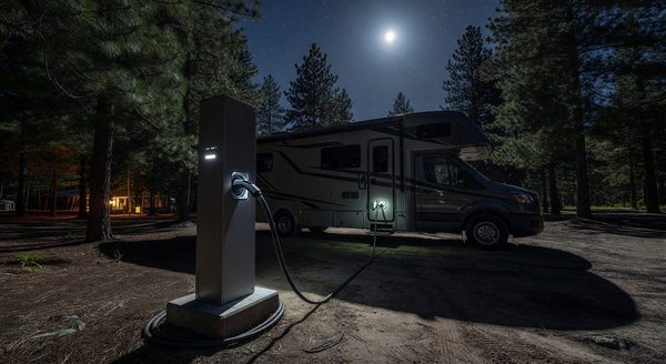 Electric vehicle charging pedestal at a campground site with an RV plugged in overnight