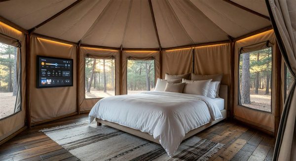 Interior of a luxury glamping tent with smart controls for lighting, temperature, and music