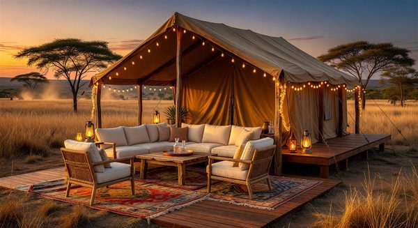 Luxury safari tent at a glamping site with decorative lighting and outdoor furniture
