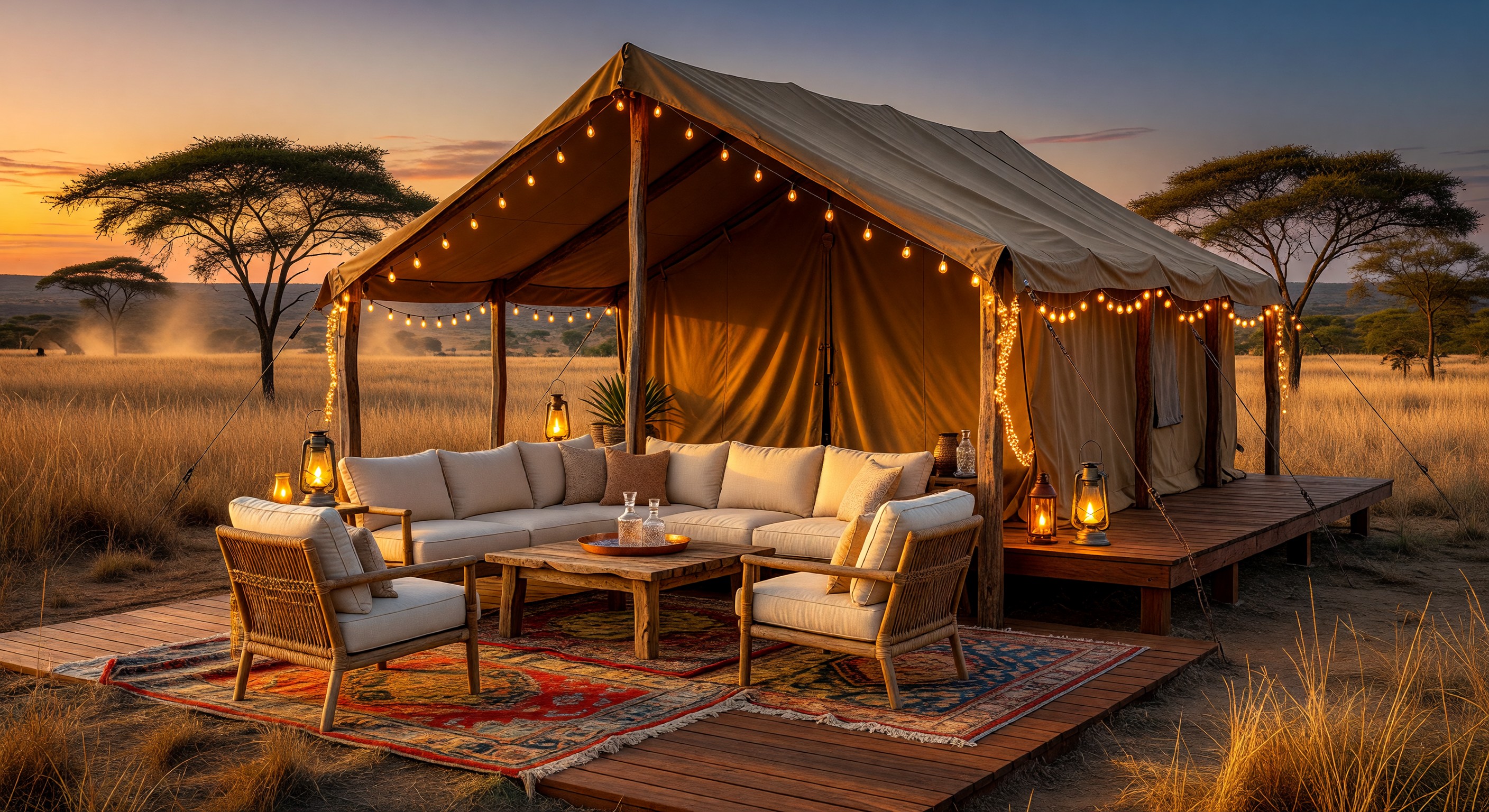 Luxury safari tent at a glamping site with decorative lighting and outdoor furniture