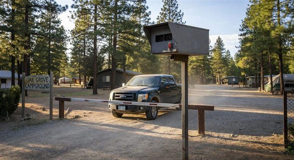 LPR camera mounted at campground entrance reading a vehicle license plate