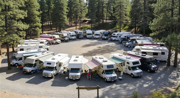 Large group of RVs parked in a dedicated group camping area at a wooded campground