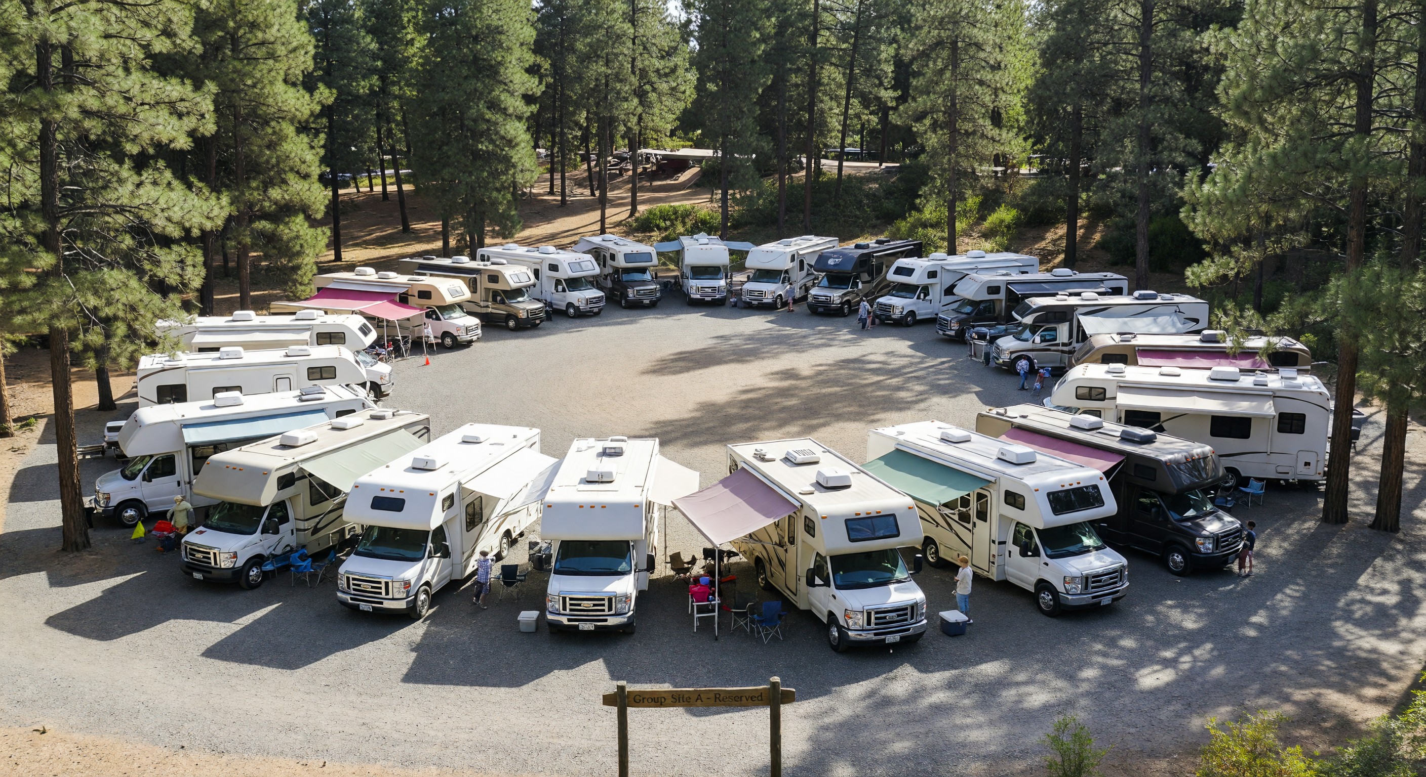 Large group of RVs parked in a dedicated group camping area at a wooded campground