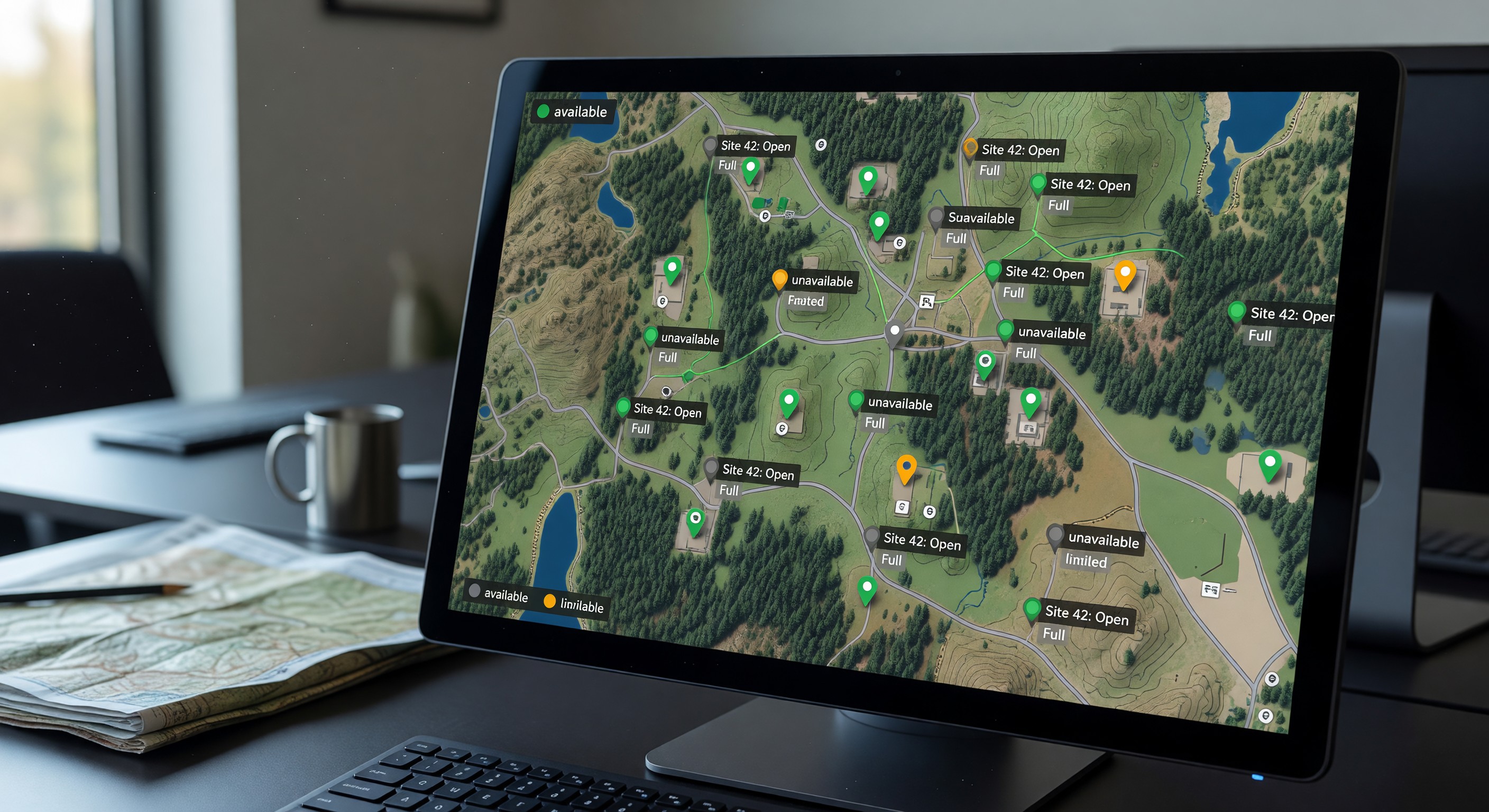 Map interface showing multiple campground locations with real-time availability across properties