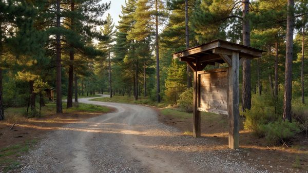 Wooden campground fee station and information board beside a gravel loop road in pine forest