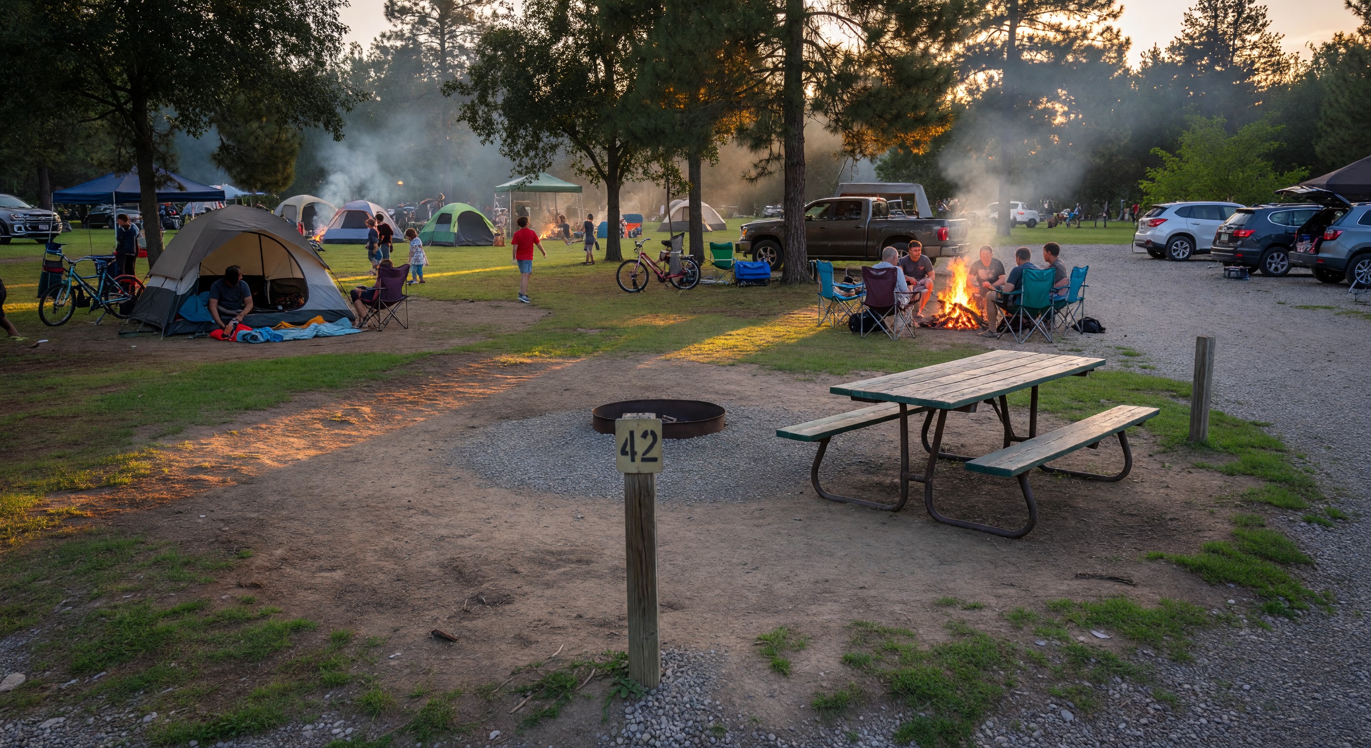 Empty reserved campsite on a busy weekend evening with other campers visible nearby