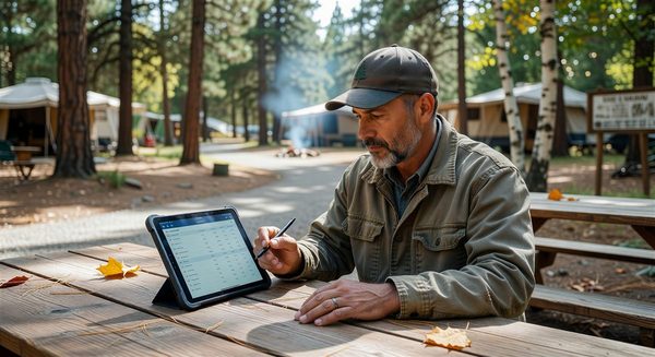 Campground operator reviewing guest history on a tablet to plan a loyalty communication