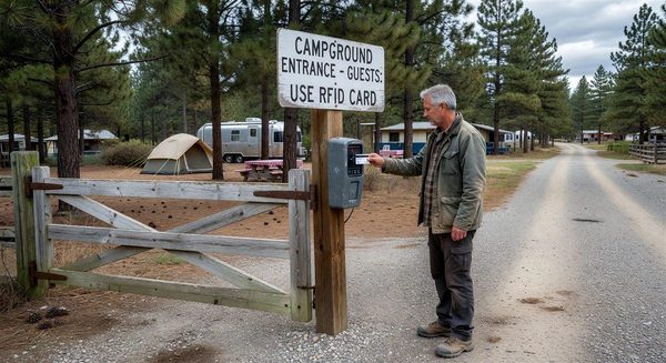 Guest using an RFID card reader mounted at a campground entrance gate