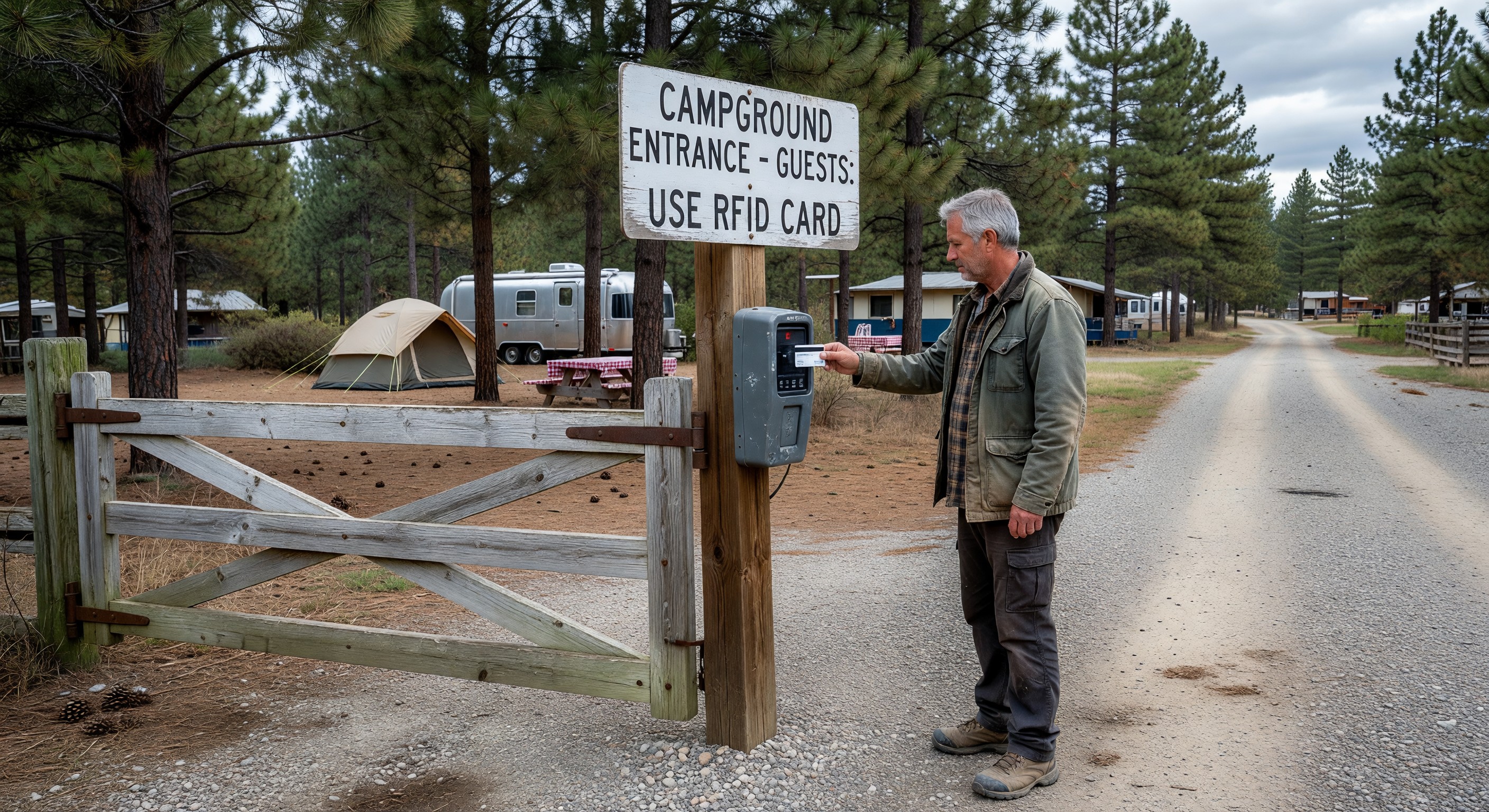 Guest using an RFID card reader mounted at a campground entrance gate