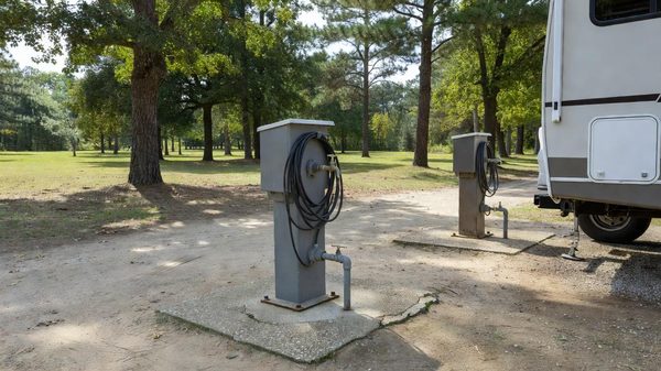 Row of RV sites with electrical pedestals and hookups at a wooded campground in daylight