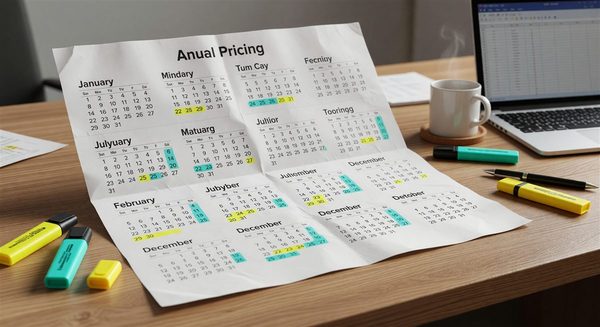 Annual pricing calendar on a desk with highlighters marking peak and off-season dates