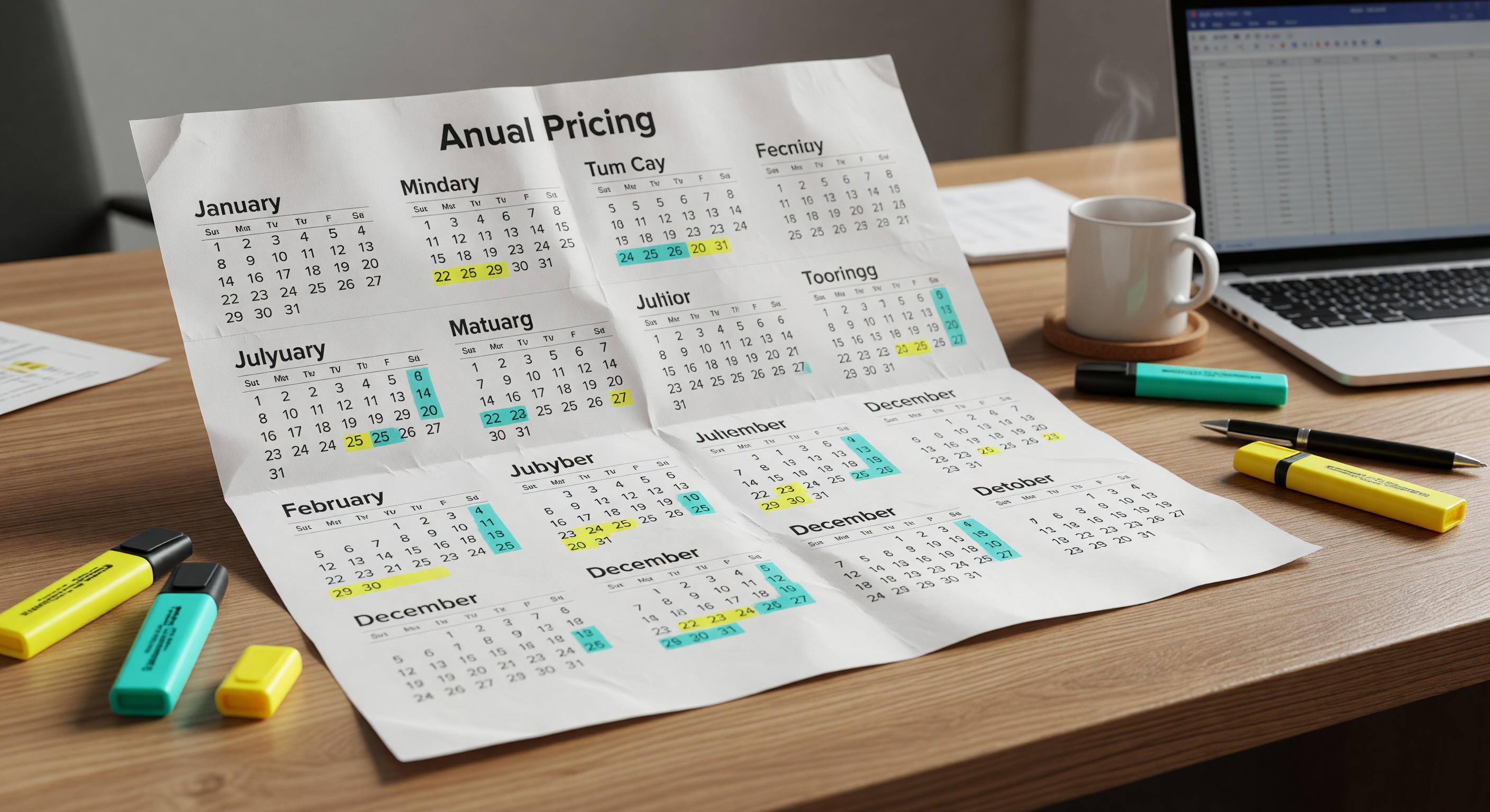 Annual pricing calendar on a desk with highlighters marking peak and off-season dates