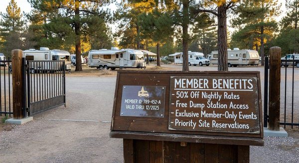 Camping membership card displayed at an RV park entrance with a member benefits sign