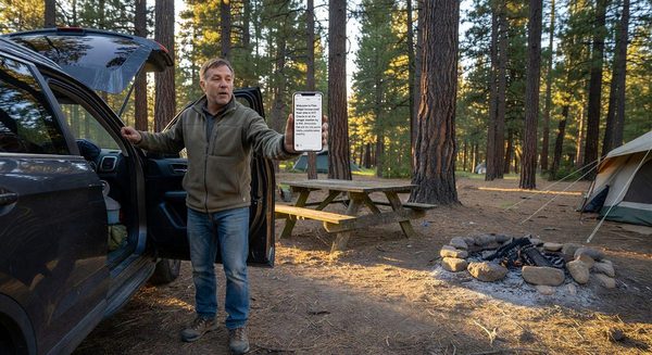 Campground guest receiving a welcome text message with site details on arrival