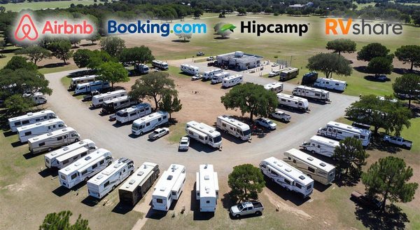 RV park viewed from above with various booking channel logos overlaid