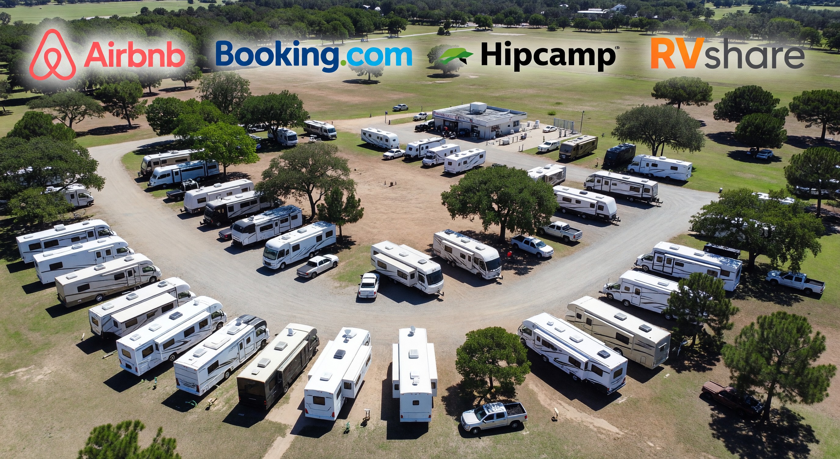 RV park viewed from above with various booking channel logos overlaid